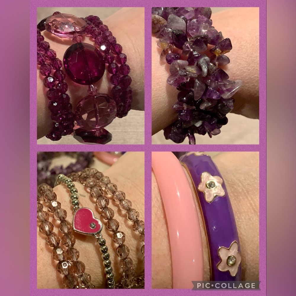 Lot of 13 Fashion bracelets stretchy beaded metal bangle floral painted purple